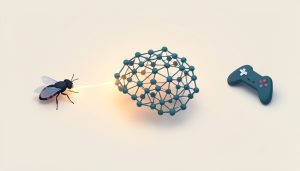 Isometric stylized fruit fly linked to a glowing network of nodes and lines beside a small game controller icon, representing a brain wiring map turned into developer demos