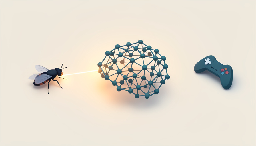Isometric stylized fruit fly linked to a glowing network of nodes and lines beside a small game controller icon, representing a brain wiring map turned into developer demos