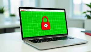 A laptop showing a green spreadsheet grid with a red padlock and gear icon, representing a blocked Google Sheets script