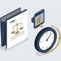 Isometric legal folder with scales of justice, a padlocked client portal with a share arrow, and a clock with a retention arrow, on Google Workspace alternatives for law offices