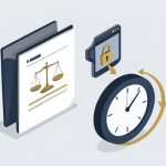 Isometric legal folder with scales of justice, a padlocked client portal with a share arrow, and a clock with a retention arrow, on Google Workspace alternatives for law offices
