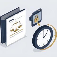 Isometric legal folder with scales of justice, a padlocked client portal with a share arrow, and a clock with a retention arrow, on Google Workspace alternatives for law offices