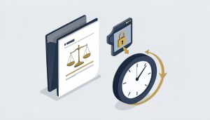 Isometric legal folder with scales of justice, a padlocked client portal with a share arrow, and a clock with a retention arrow, on Google Workspace alternatives for law offices