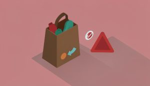 Isometric grocery bag with a swap-arrows icon, an allergen warning triangle, and a no-substitution block symbol, on grocery substitution allergy risk