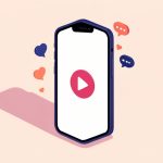 Isometric smartphone held vertically showing a play button on a short drama, with small heart and chat reaction bubbles, representing a trending microdrama trailer