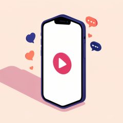 Isometric smartphone held vertically showing a play button on a short drama, with small heart and chat reaction bubbles, representing a trending microdrama trailer