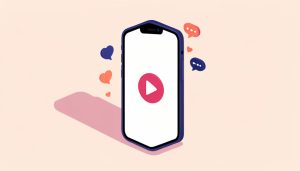 Isometric smartphone held vertically showing a play button on a short drama, with small heart and chat reaction bubbles, representing a trending microdrama trailer