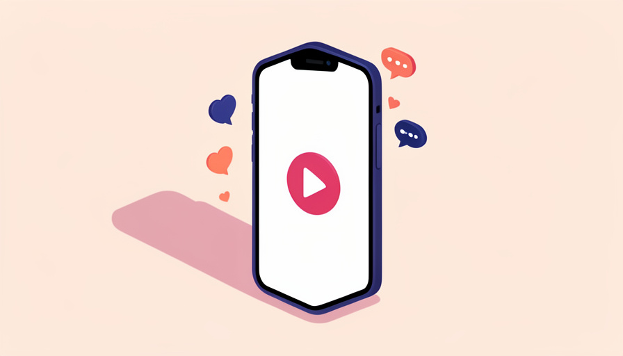 Isometric smartphone held vertically showing a play button on a short drama, with small heart and chat reaction bubbles, representing a trending microdrama trailer
