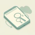 Calm isometric phone with search magnifiers, a soft looping arrow, and a gentle cloud, on health anxiety reassurance-seeking statistics