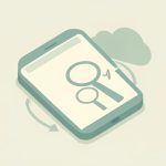 Calm isometric phone with search magnifiers, a soft looping arrow, and a gentle cloud, on health anxiety reassurance-seeking statistics