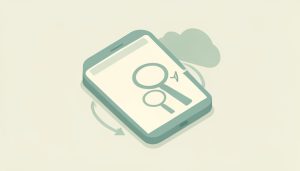 Calm isometric phone with search magnifiers, a soft looping arrow, and a gentle cloud, on health anxiety reassurance-seeking statistics