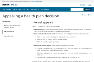 HealthCare.gov internal appeals page showing denial notice deadlines and that a doctor letter is optional additional information
