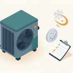 Isometric outdoor heat pump unit beside a thermostat and a checklist with a snowflake and warm-air swirl, representing a heat pump running but not heating