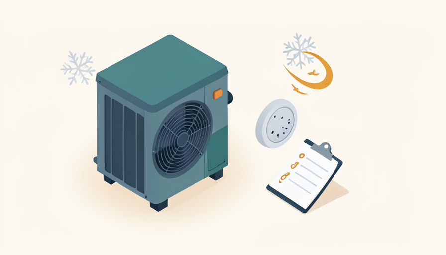 Isometric outdoor heat pump unit beside a thermostat and a checklist with a snowflake and warm-air swirl, representing a heat pump running but not heating
