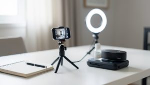 A smartphone on a tripod with a ring light filming skincare and gadget products on a clean white desk
