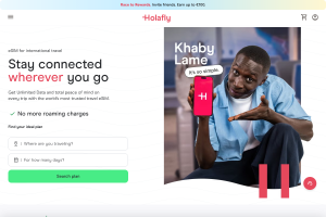 Holafly home page showing unlimited-data travel eSIM plans