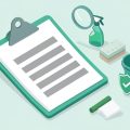 Isometric clipboard with a blank invoice, spray bottle, sponge, bucket, insurance shield, and magnifier, representing home cleaning quote line items