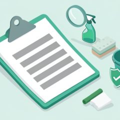 Isometric clipboard with a blank invoice, spray bottle, sponge, bucket, insurance shield, and magnifier, representing home cleaning quote line items