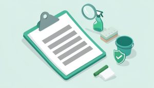 Isometric clipboard with a blank invoice, spray bottle, sponge, bucket, insurance shield, and magnifier, representing home cleaning quote line items