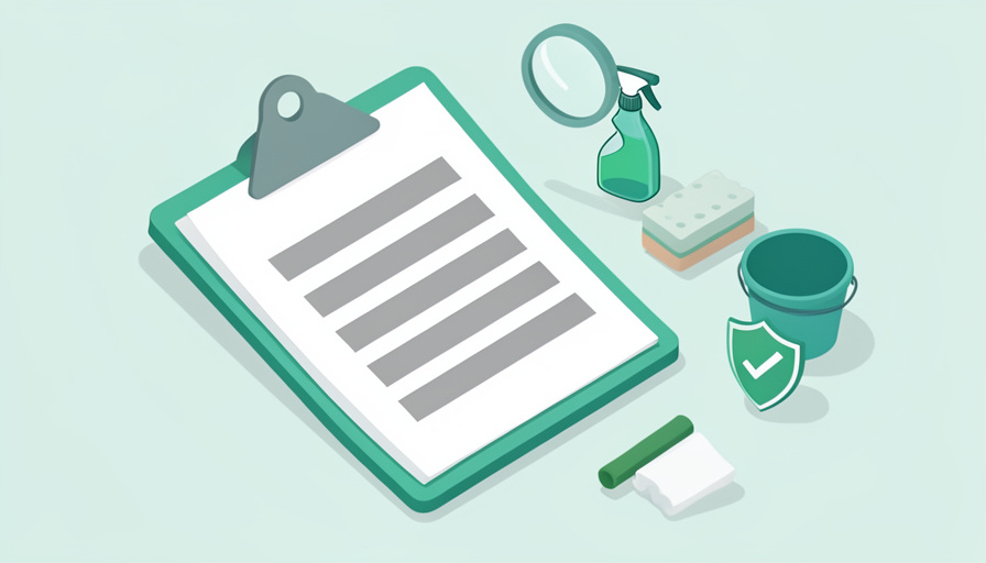 Isometric clipboard with a blank invoice, spray bottle, sponge, bucket, insurance shield, and magnifier, representing home cleaning quote line items