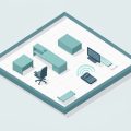 Isometric top-down home-office floor plan on a grid with furniture blocks, a ruler, and a phone scanning the room, on home office layout tools from measurements