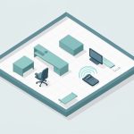 Isometric top-down home-office floor plan on a grid with furniture blocks, a ruler, and a phone scanning the room, on home office layout tools from measurements