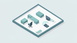Isometric top-down home-office floor plan on a grid with furniture blocks, a ruler, and a phone scanning the room, on home office layout tools from measurements