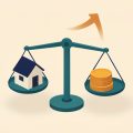 Isometric small house on one side of a balance scale with a stack of coins on the other and a rising cost arrow, representing home affordability pressure