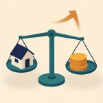 Isometric small house on one side of a balance scale with a stack of coins on the other and a rising cost arrow, representing home affordability pressure