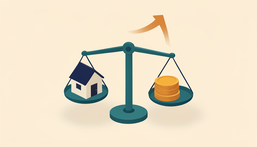 Isometric small house on one side of a balance scale with a stack of coins on the other and a rising cost arrow, representing home affordability pressure
