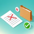 Isometric rejected receipt marked with a red X beside a folder, a medical cross, and a green checkmark, representing fixing an HSA reimbursement rejected for missing documentation