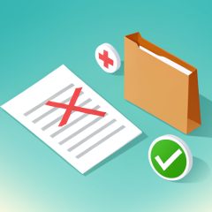 Isometric rejected receipt marked with a red X beside a folder, a medical cross, and a green checkmark, representing fixing an HSA reimbursement rejected for missing documentation
