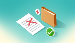 Isometric rejected receipt marked with a red X beside a folder, a medical cross, and a green checkmark, representing fixing an HSA reimbursement rejected for missing documentation