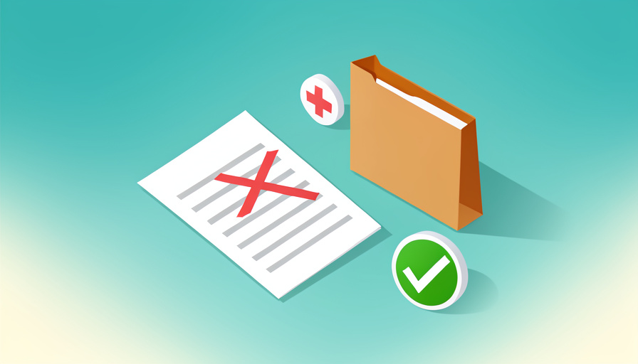 Isometric rejected receipt marked with a red X beside a folder, a medical cross, and a green checkmark, representing fixing an HSA reimbursement rejected for missing documentation