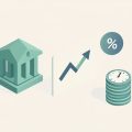 Isometric bank building beside a rising rate line, a percent badge, and a stack of coins with a clock, representing high-yield savings rate-change statistics for 2026