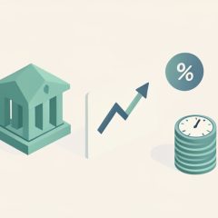 Isometric bank building beside a rising rate line, a percent badge, and a stack of coins with a clock, representing high-yield savings rate-change statistics for 2026