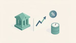 Isometric bank building beside a rising rate line, a percent badge, and a stack of coins with a clock, representing high-yield savings rate-change statistics for 2026