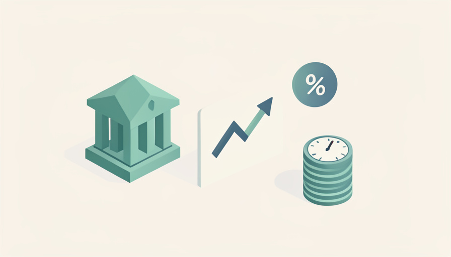 Isometric bank building beside a rising rate line, a percent badge, and a stack of coins with a clock, representing high-yield savings rate-change statistics for 2026