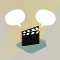Isometric film clapperboard and two blank speech bubbles side by side on a stage, representing on-screen duos and behind-the-scenes reality