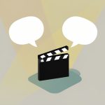 Isometric film clapperboard and two blank speech bubbles side by side on a stage, representing on-screen duos and behind-the-scenes reality