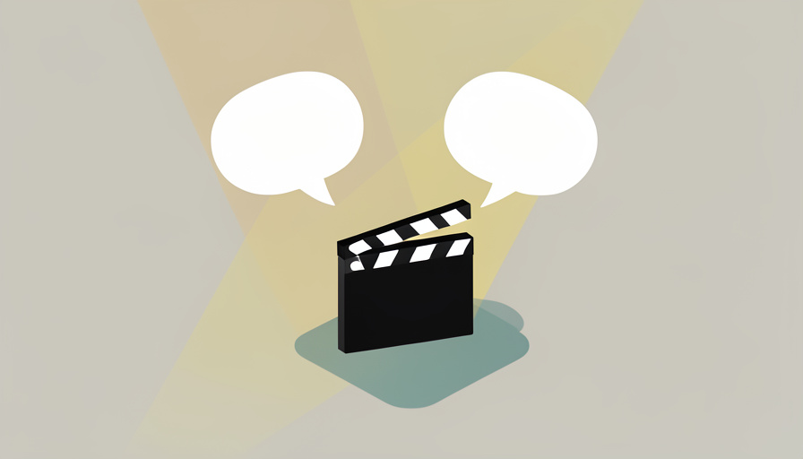 Isometric film clapperboard and two blank speech bubbles side by side on a stage, representing on-screen duos and behind-the-scenes reality