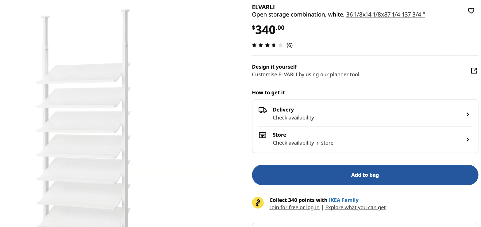 IKEA ELVARLI floor-to-ceiling open storage combination with adjustable white shelves, a no-drill closet system braced between floor and ceiling
