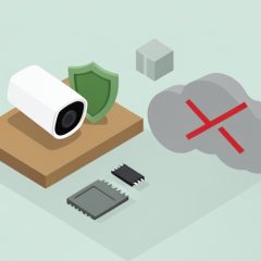 Isometric indoor camera on a shelf with a local microSD storage icon, a shield, and a crossed-out cloud, on indoor security camera no subscription privacy