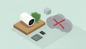 Isometric indoor camera on a shelf with a local microSD storage icon, a shield, and a crossed-out cloud, on indoor security camera no subscription privacy
