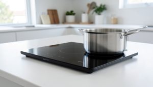 A portable induction cooktop with a pot on a clean apartment kitchen counter