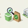 Isometric compostable container and bag with a leaf badge, a crossed-out home compost bin, and an industrial composting facility, showing industrial compost only labels