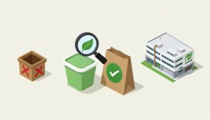 Isometric compostable container and bag with a leaf badge, a crossed-out home compost bin, and an industrial composting facility, showing industrial compost only labels