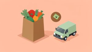 Isometric grocery bag with a swap-arrows substitution icon, a lower price tag, and a delivery van, on Instacart alternatives with reliable substitutions