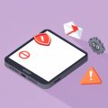 Isometric phone with a red warning shield and a blocked-send icon beside an automation gear and caution triangle, on Instagram auto DM action blocked