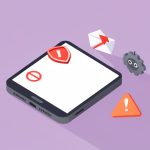 Isometric phone with a red warning shield and a blocked-send icon beside an automation gear and caution triangle, on Instagram auto DM action blocked